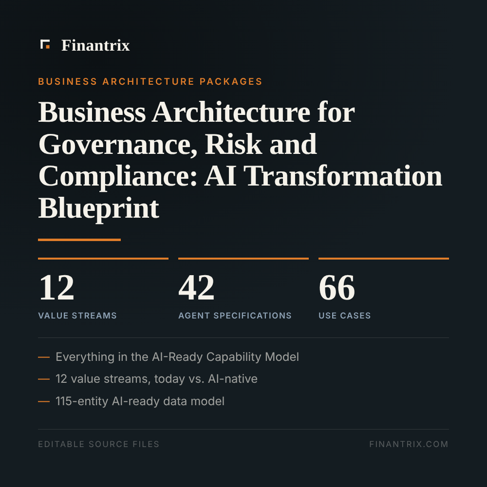 Business Architecture for Governance, Risk and Compliance: AI Transformation Blueprint — 12 value streams, 42 agent specifications, 66 use cases