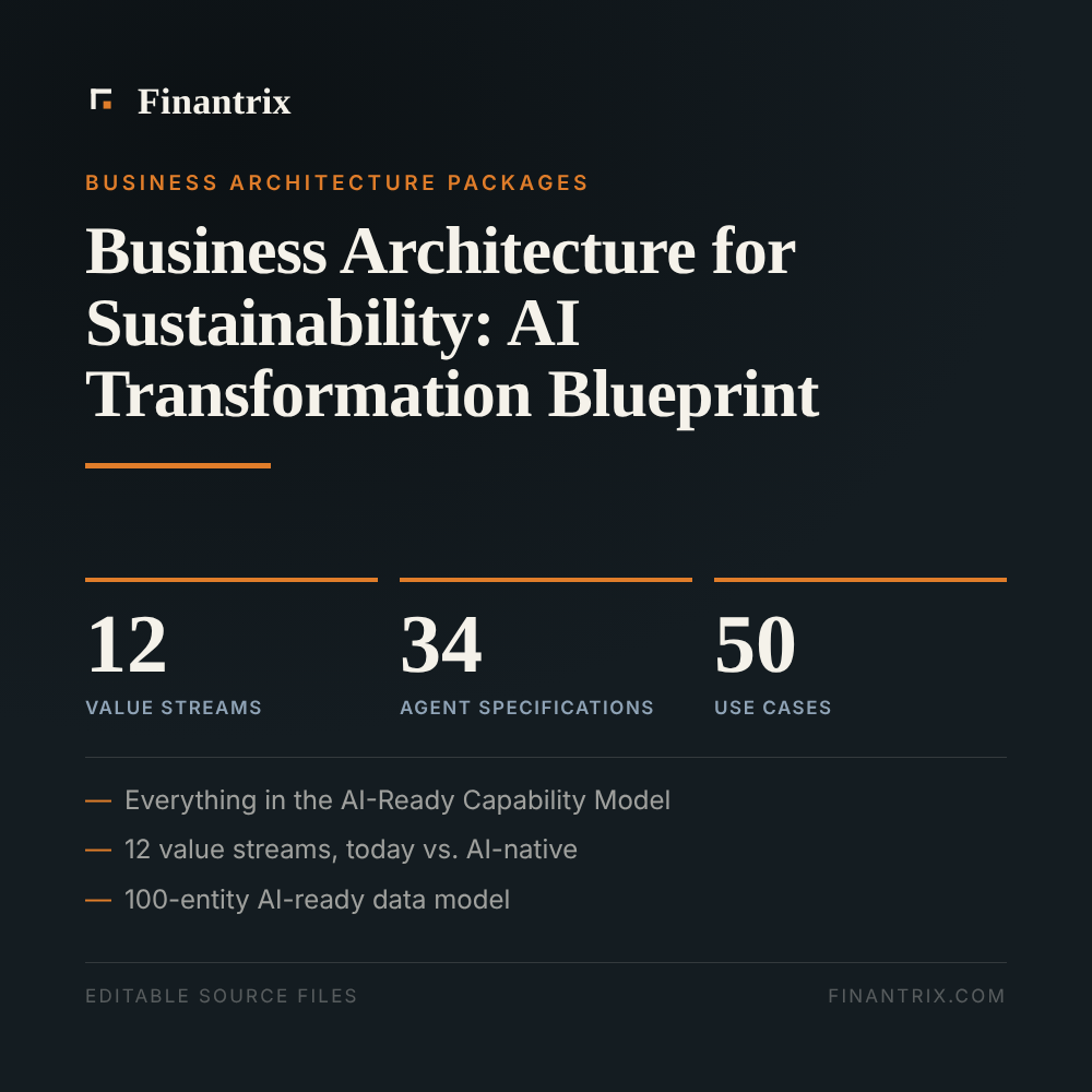 Business Architecture for Sustainability: AI Transformation Blueprint — 12 value streams, 34 agent specifications, 50 use cases